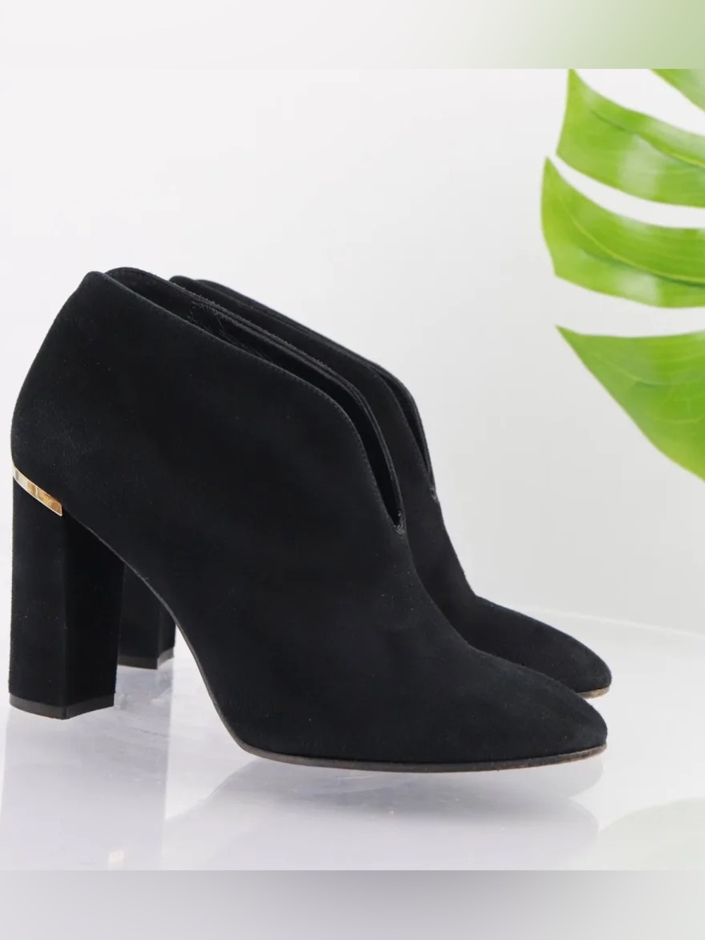 Kate Spade Darota Black Suede Bootie Gold Block Heel